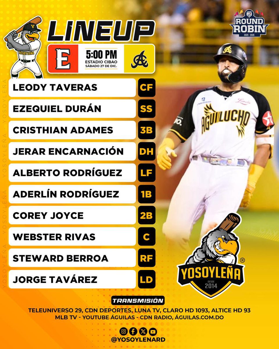 Alineación de nuestras <a href="/aguilascibaenas/">Águilas Cibaeñas</a> frente a <a href="/EscogidoBBClub/">𝐄𝐬𝐜𝐨𝐠𝐢𝐝𝐨 𝐁𝐚𝐬𝐞𝐛𝐚𝐥𝐥 𝐂𝐥𝐮𝐛</a> 

#YoSoyLeña