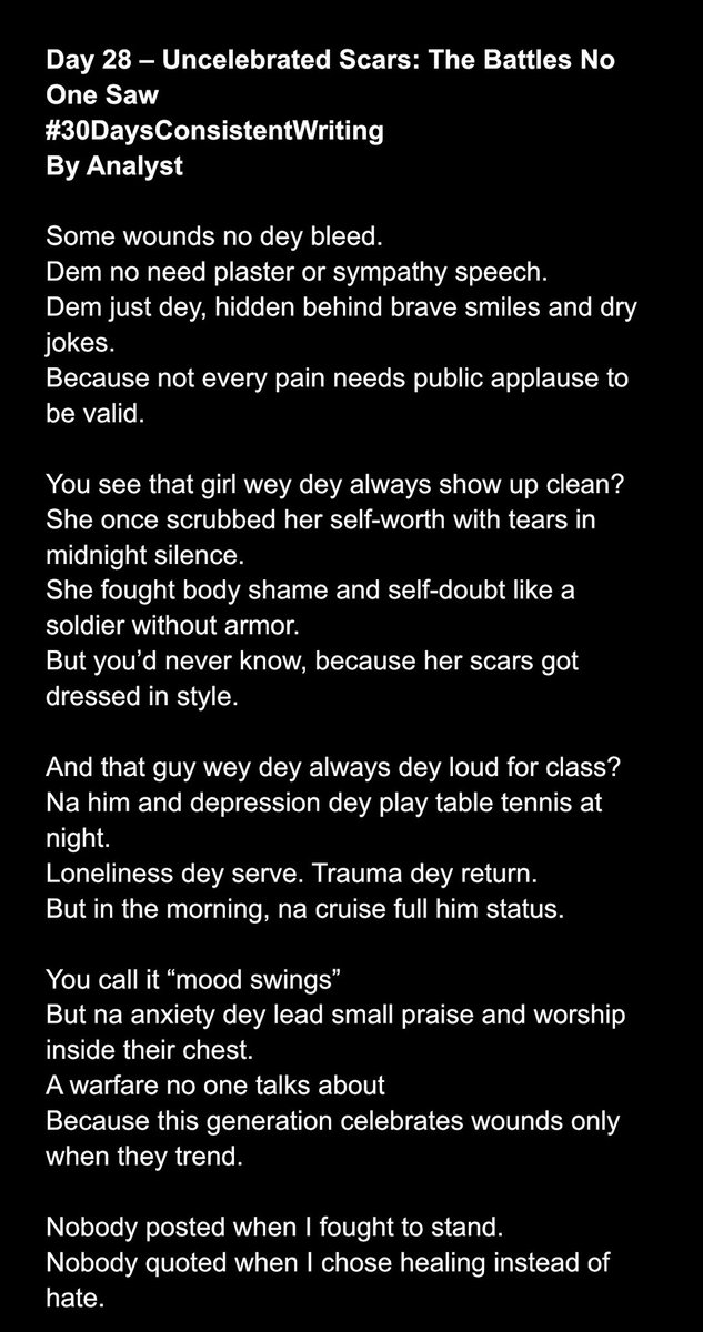 AruaGeneral's tweet image. DAY-28 Uncelebrated Scars: The Battles No One Saw
Not every warrior wears medals. Some carry scars… quiet, uncelebrated, yet undefeated.  
#Day28 #30DaysConsistentWriting