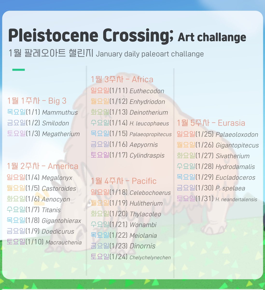 Tupandactyl's tweet image. Travel the Ice Age, one drawing a day!
#PleistoceneCrossing is a January paleoart challenge featuring extinct megafauna with one(or more) modern animal.
Pick a day, draw a beast, cross the Pleistocene with us.
#paleoart #pleistocene #Iceage