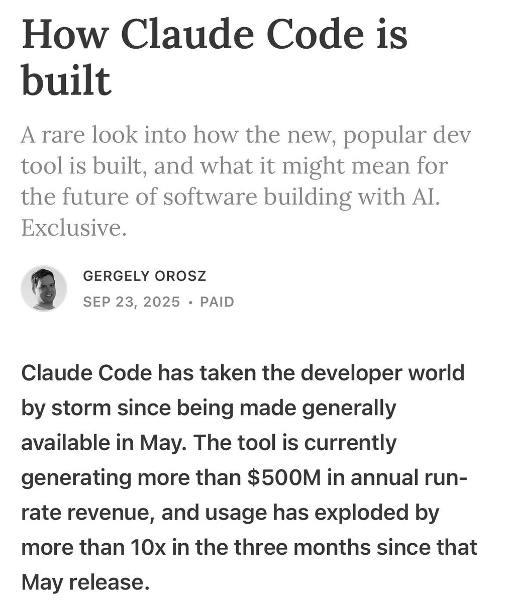 Hesamation's tweet image. many people don’t know that Claude Code started as a personal side project that spread in the internal Anthropic team like a virus.

this is a perfect article on how Claude Code was built, its tech stack, and how it’s being developed. highly recommended:

read here…