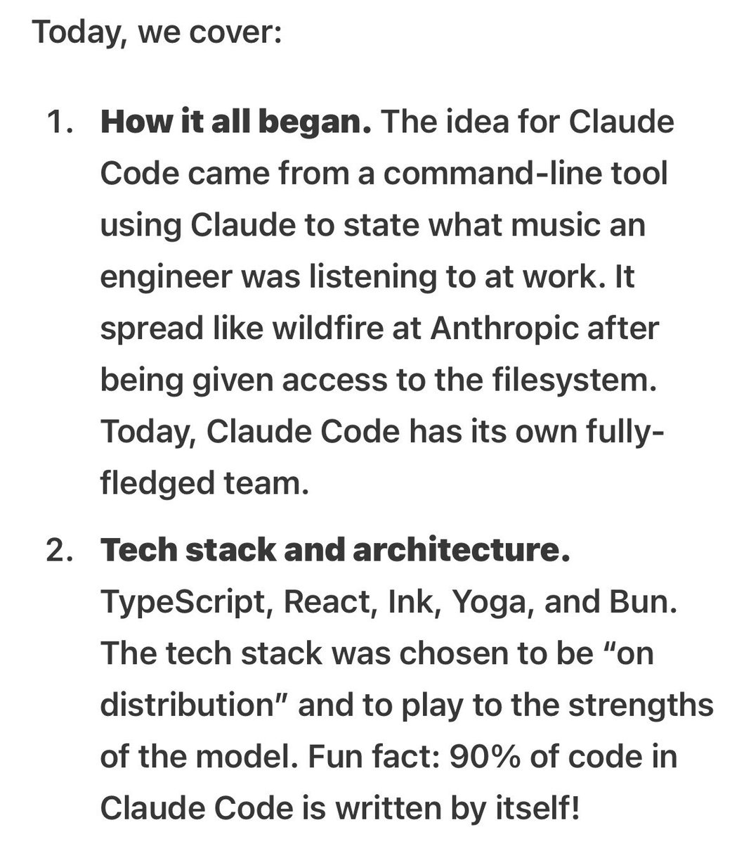 Hesamation's tweet image. many people don’t know that Claude Code started as a personal side project that spread in the internal Anthropic team like a virus.

this is a perfect article on how Claude Code was built, its tech stack, and how it’s being developed. highly recommended:

read here…
