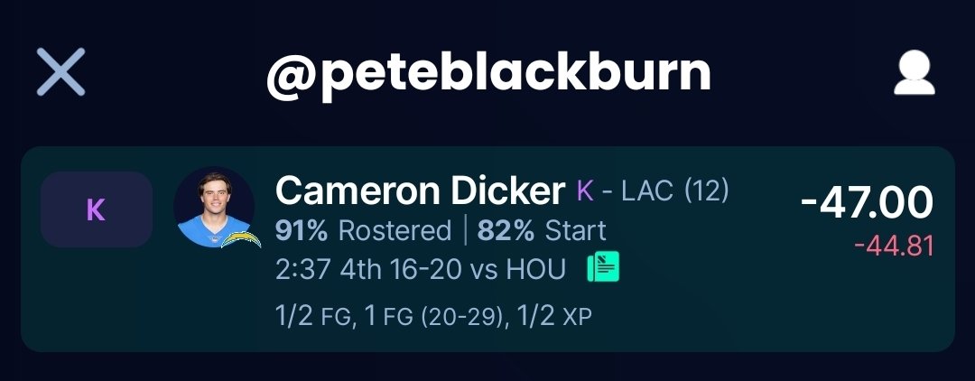 CommonSenseSam's tweet image. CHAMPIONSHIP GAME MISSED XP

The NINTH missed XP (worth -50 pts) of the 2025-2026 PepegaMega Fantasy Football season goes to... @PeteBlackburn! 

This is Cameron "The Kicker" Dicker's and Pete's first missed XP of the season.

Couldn't have come at a worse time for Pete...