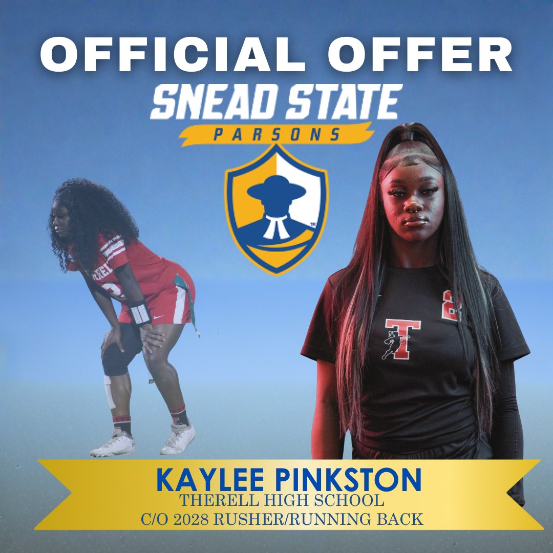 FlagTherrell's tweet photo. Hard work is paying off! Congratulations to our c/o ‘28 SUPERSTARS Caliea and Kaylee for getting their official flag football offer to Snead State! Thank you to Snead State for believing in our young ladies. #PantherTrail @APSTherrell @therrellathlet1 https://t.co/uHbFMEF8YE