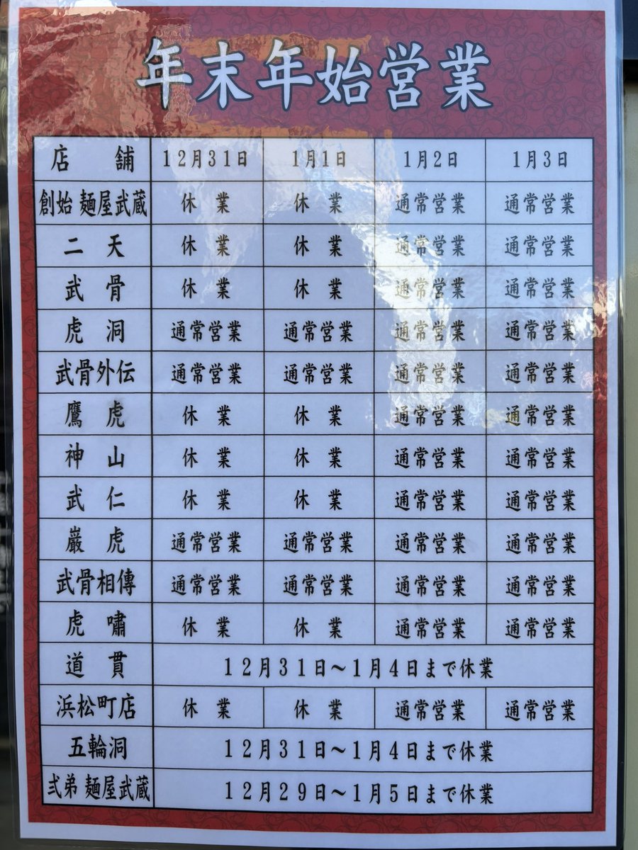 おはようございます。
年末年始の営業時間です。
道貫は31日〜４日までお休みさせて頂きます。
休みなく営業する店舗もございますので、よろしくお願い致します。
#麺屋武蔵
#麺屋武蔵道貫