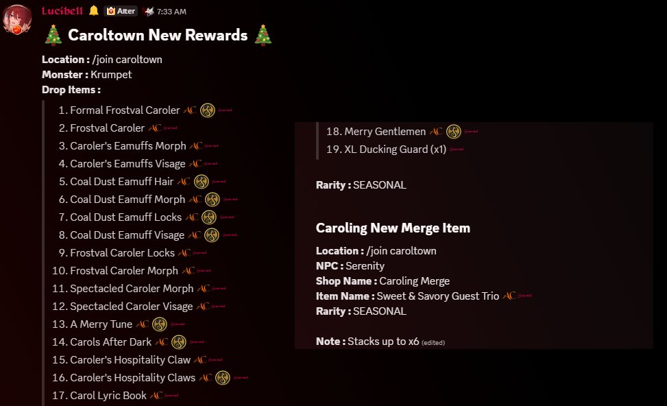 ✨🎄Caroltown New Rewards! 🎄✨

/join caroltown &amp; bonk Krumpet to get 19 TOTAL new drops!
Frostval Caroler &amp; Formal Set cooked by <a href="/ArsPanopticon/">Test-Merry Xmas!</a> 

Then talk to Serenity for 1 brand new floor item in her merge shop!

* ALL SEASONAL AC TAGGED

Good Luck ^^