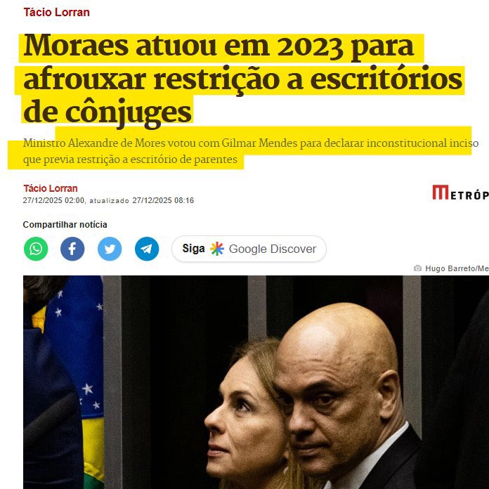 No ano seguinte, o escritório da familia Moraes foi contratado por R$ 129 milhões pelo Banco Master.

É muita defesa da democracia! 🤡