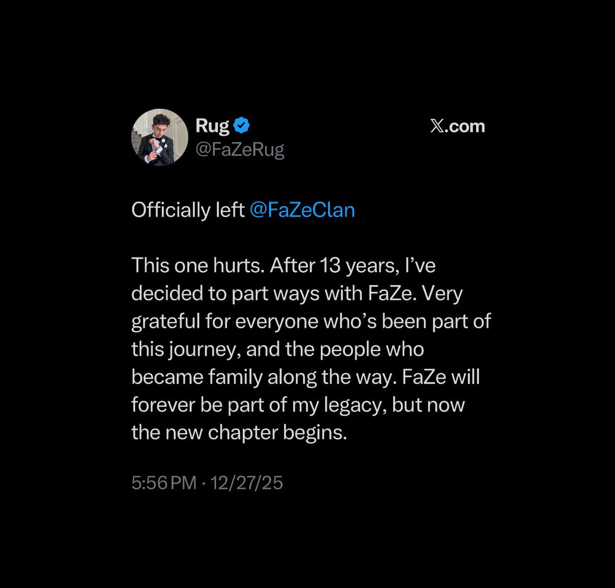 yoxics's tweet image. FaZe Rug announces he has left FaZe Clan after 13 years of being on the team