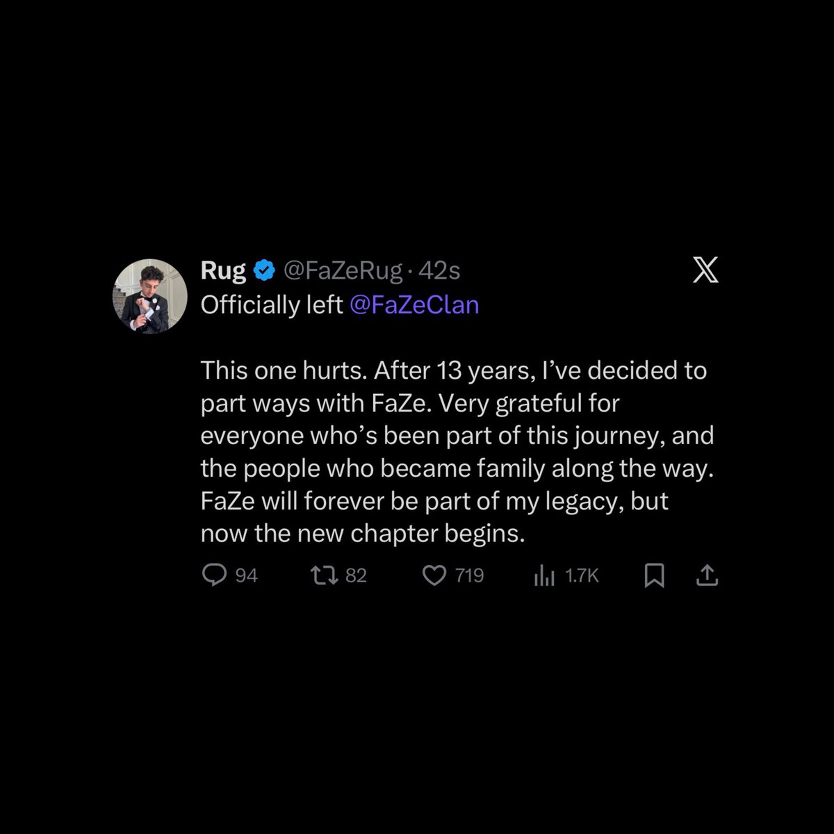 ilySalt's tweet image. FaZe Rug has officially announced his departure from FaZe Clan after being apart of the organization for 13 years 💔

“FaZe will forever be part of my legacy, but now the new chapter begins”