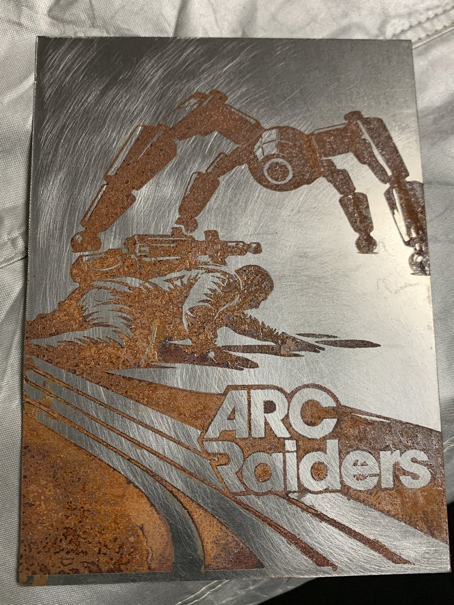 Rustpunkart's tweet photo. @EmbarkStudios From my heart to the Rust Belt! Here is some rust art. My son and I play weekly and Arc has been a blast. Thank you. If there’s a PO Box for fan art submissions, let me know. https://t.co/1C0LlbfDgv
