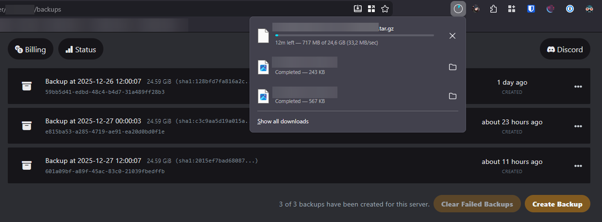 Backups. Who doesn't like backups? Especially fast backups. Fast? We do fast. Here's a backup making full use of 250 Mbps residential WiFi to download backups.

Don't settle. Get your server a cut above. 
📌bearded.host
📌discord.gg/beard