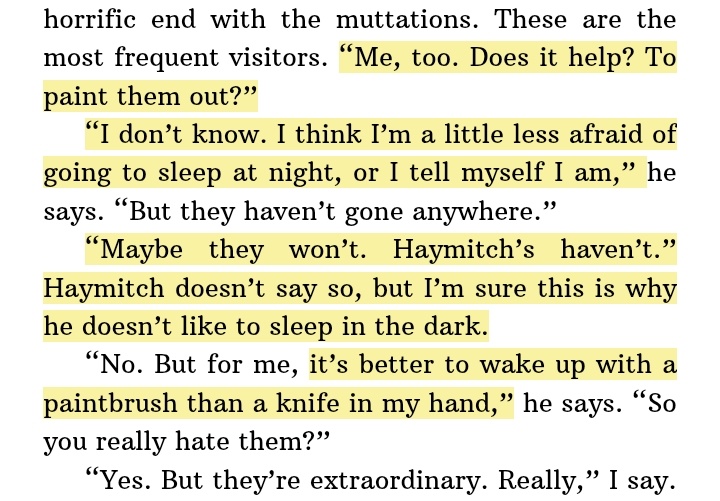 allfiredoe's tweet image. “it’s better to wake up with a paintbrush than a knife in my hand”

Peeta choosing art as the talent he presents to the Capitol is deeply significant because it represents everything he is and how he endures.