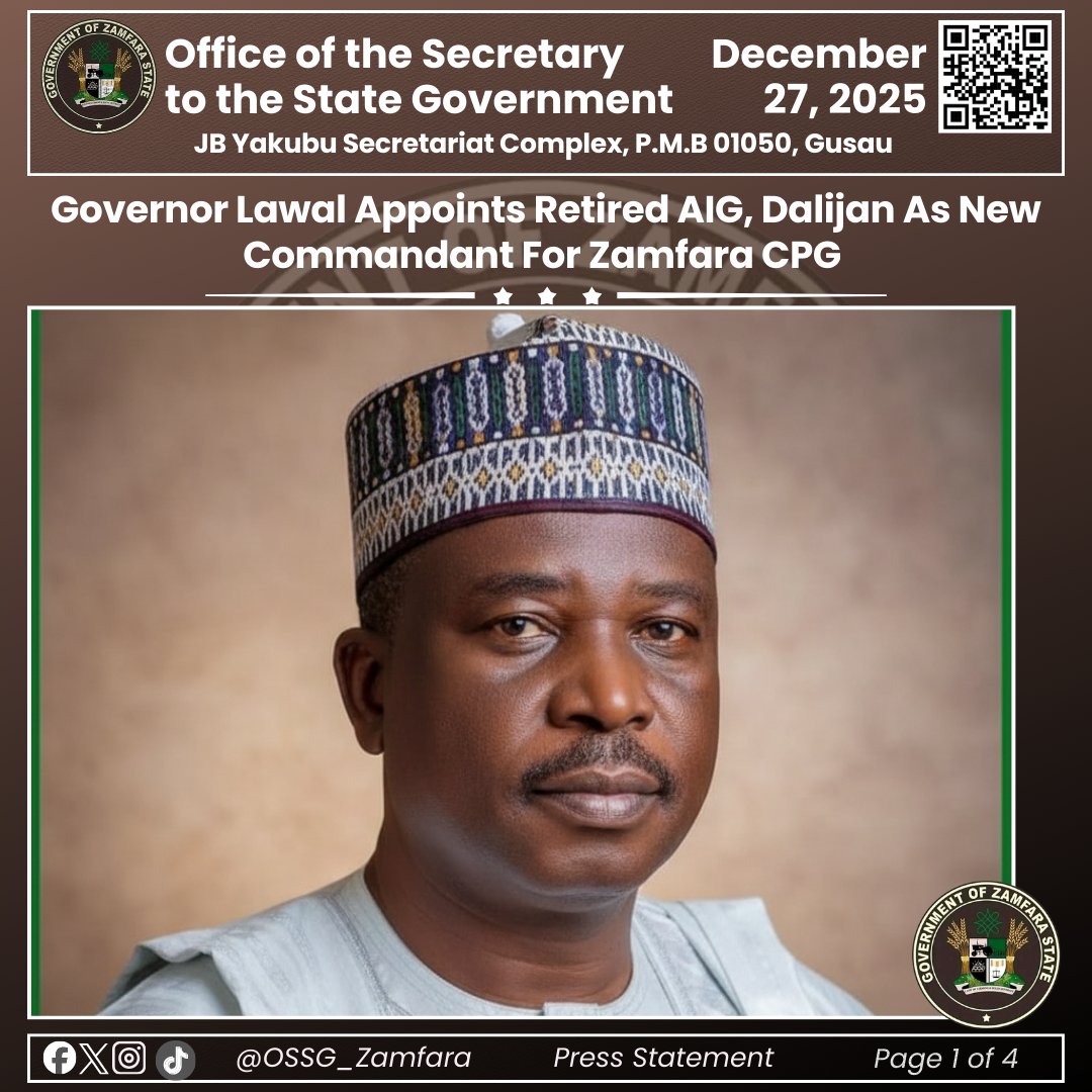 OSSG_Zamfara's tweet photo. In a decisive move to further strengthen the security architecture of Zamfara State, Gov @daudalawal_ has approved the appointment of a retired Assistant Inspector-General (AIG) of Police, Muhammad Shehu Dalijan, as the new State Commandant of the Zamfara CPG. https://t.co/t2cULvvtF8