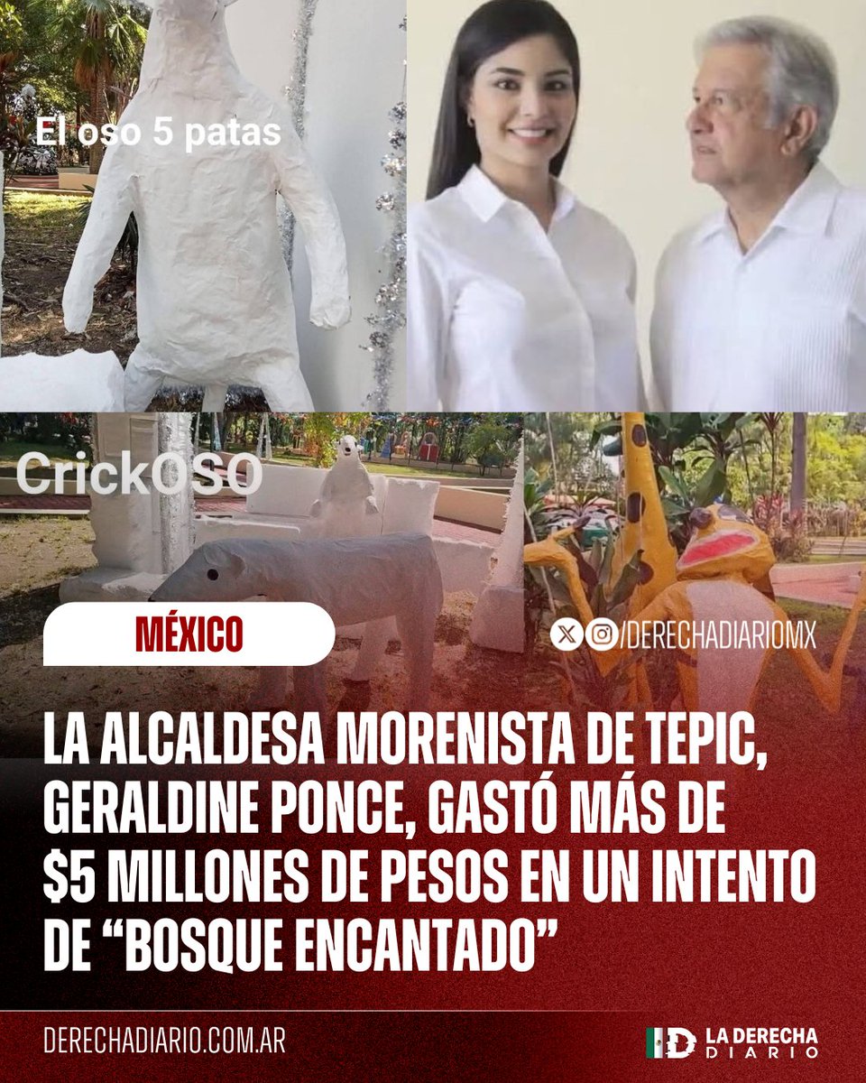 DerechaDiarioMX's tweet photo. 🇲🇽 | HA DE HABER CONTRATADO AL HIJO DE SHEINBAUM: La alcaldesa morenista de Tepic, Geraldine Ponce, se gastó más de 5.4 millones de pesos en un intento de "Bosque Encantado" con figuras de animales deformes y muy mal hechas porque no le importa despilfarrar recursos públicos. https://t.co/tmgd1LHU9C
