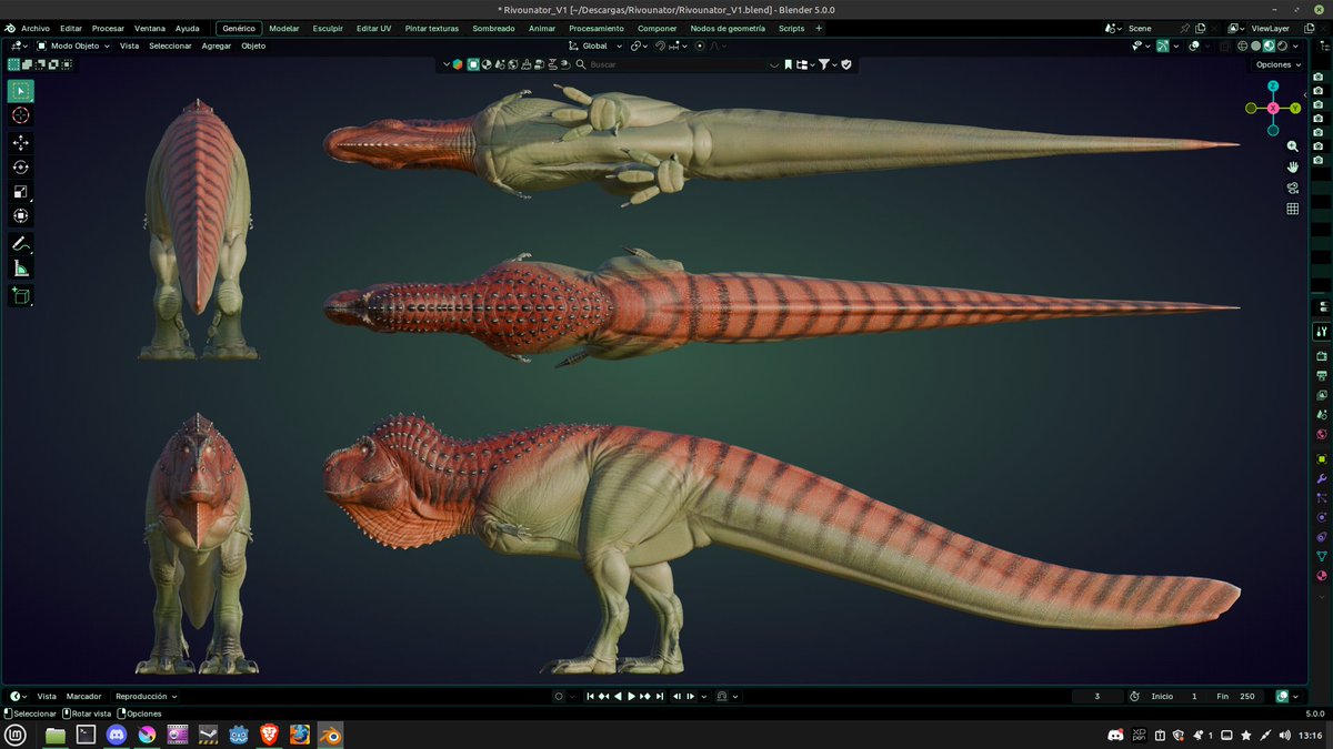 FreesmyDEV's tweet image. Me tocó hacer la retopologia del Rivounator (No le se a la retopologia) Al final me quedó con un error de normales en el interior del cuarto dedo y en la base de la lengua. Tengo que dejarlo así por ahora.

#blender #dinosaurs