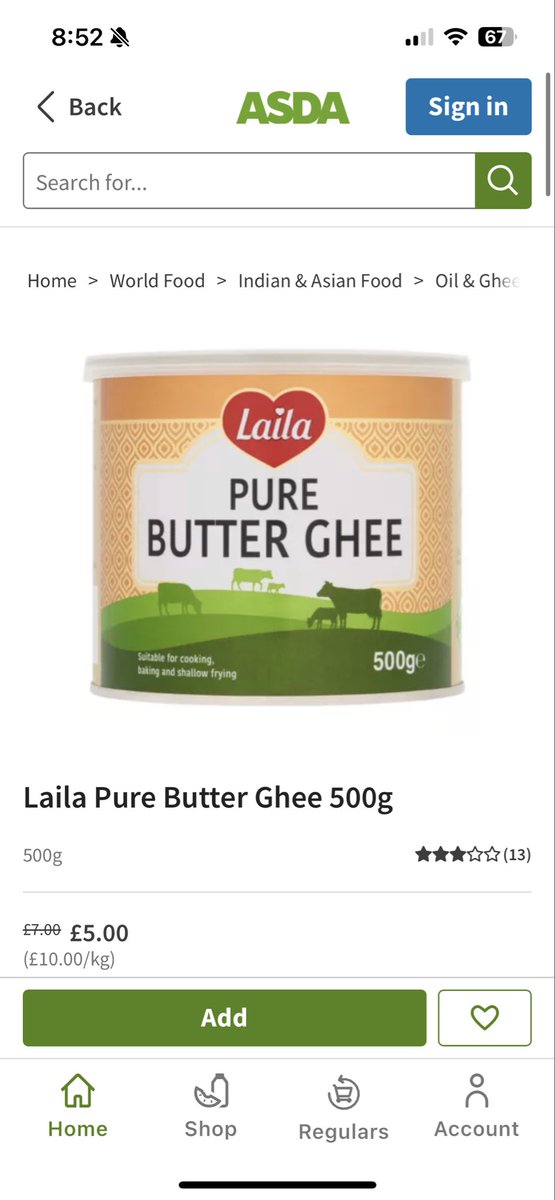 Berrybellalush's tweet image. The ghee price jump from £3.50 to £5 is unfair and hurts struggling customers. Please escalate to the store manager, investigate, and restore the original price immediately. @asda @AsdaServiceTeam