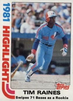 1975Topps's tweet image. Card #3 - 1981 Highlight: Tim Raines Swipes 71 Bases as a Rookie.

The HOF speedster was successful in 71 of 82 SB attempts during his abbreviated rookie campaign. Raines' rookie number eclipsed the modern day mark set by Gene Richards (56) in 1977 (bested twice since). #Topps