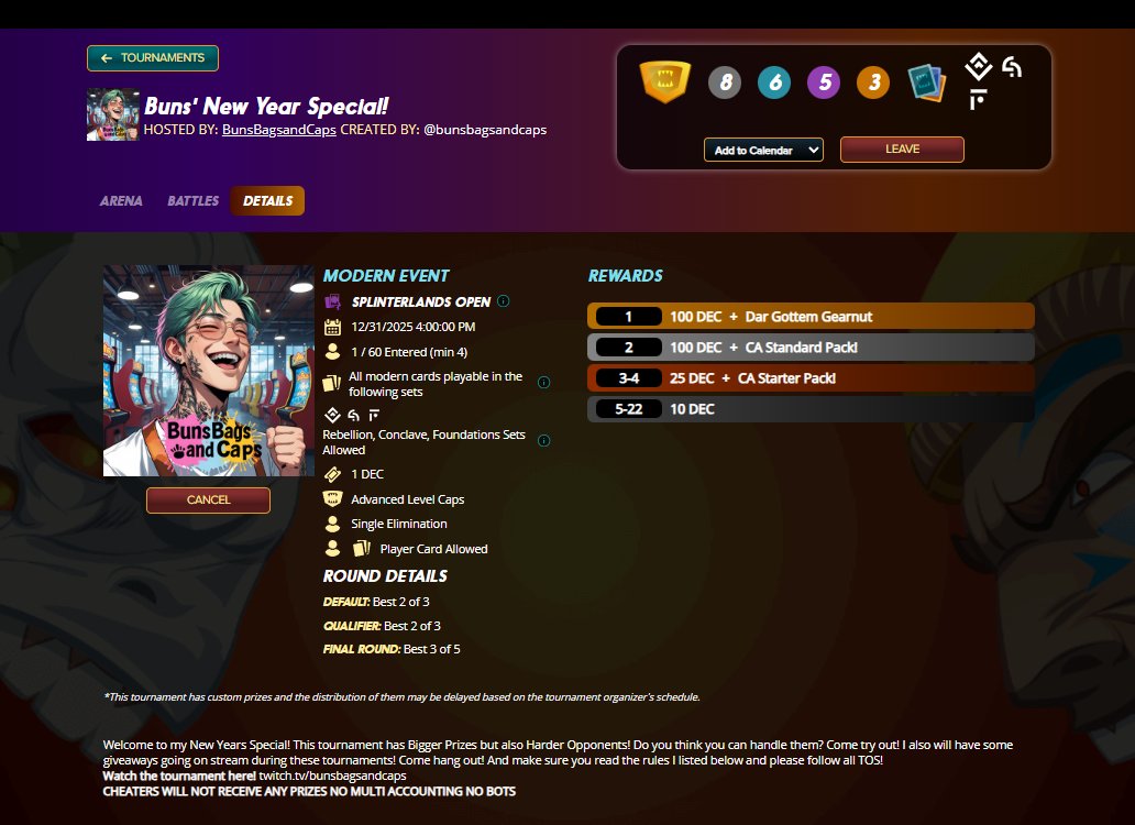 My <a href="/splinterlands/">Splinterlands</a> friends! I made two New Years Eve tournaments! First place prizes include both Epic Promo cards "Tasoshi" and "Cloveria" for the 1st tournament and 1st place prize of Dar Gottem Gearnutttt for the 2nd! Come hang out on New years eve on stream! :D Love ya!