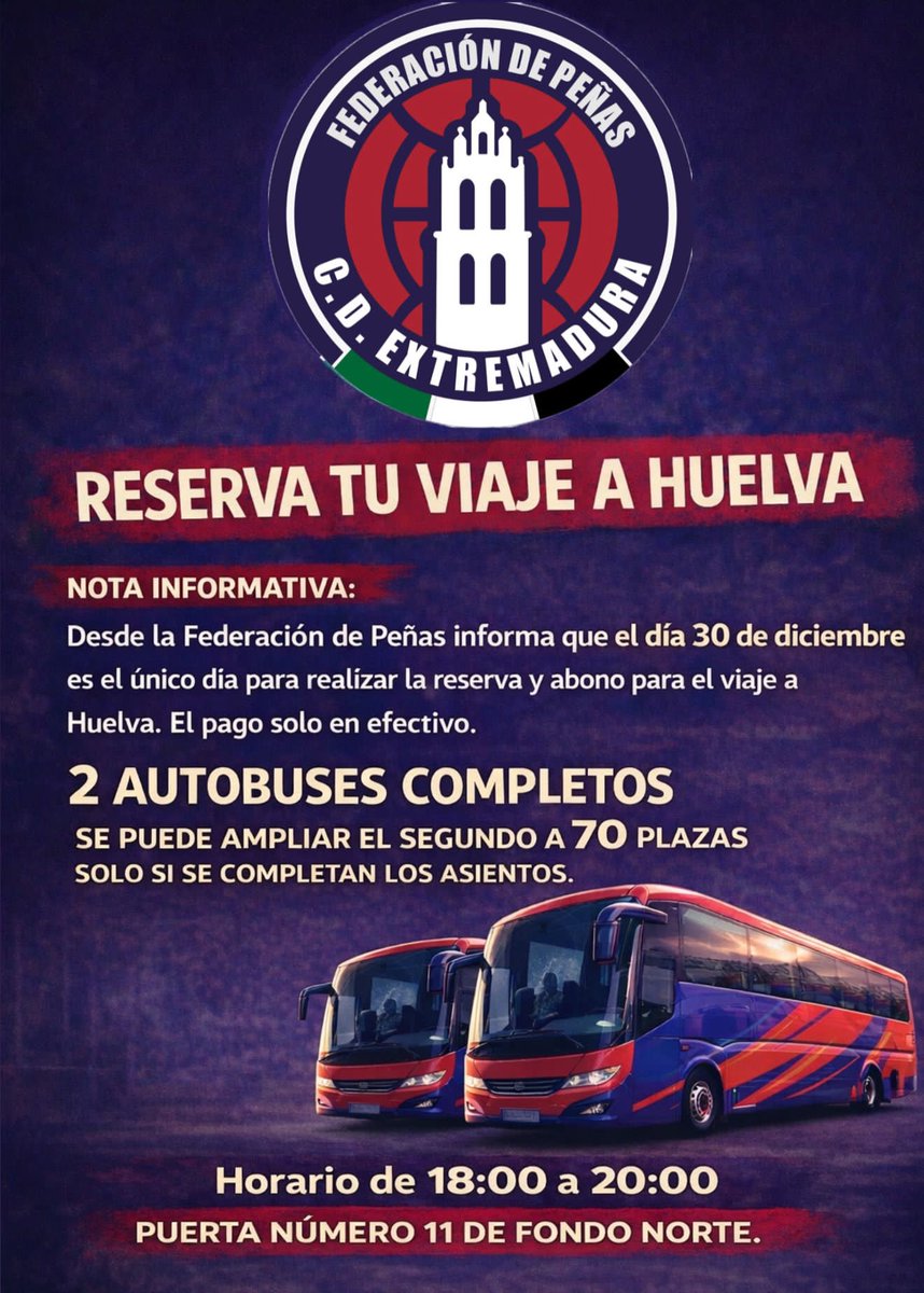 La marea azulgrana no se detiene 🌊
🚌🚌 2 autobuses completos
Si se llenan los asientos del segundo autobús, se ampliaría a uno de 70 plazas.
📅 Reservas: 30 de diciembre
📍 Fondo Norte – Puerta 11
¡Huelva nos espera!
¡¡¡Anímate!!!