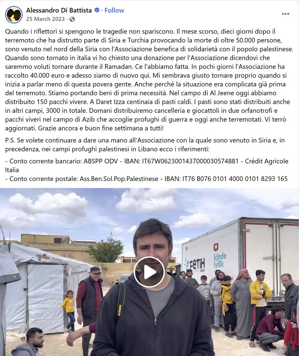 Alessandro Di Battista <a href="/ale_dibattista/">Alessandro Di Battista</a> con questo post su Facebook nel 2023 raccoglieva soldi per una organizzazione che mi sembra proprio essere quella di Hannoun, appena arrestato con la accusa di finanziare Hamas.
fb.watch/Eg0GXez5Xq/

Ricordo che Di Battista pare essere un
