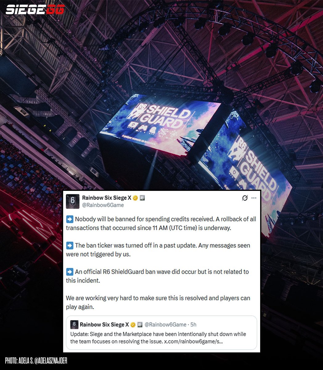 Siege_GG's tweet photo. Ubisoft promised players that "nobody will be banned for spending credits received" and informed the community that "a rollback of all transactions that ocurred since 11 AM (UTC time) is underway."

More information below: https://t.co/4YH9YTF9LR