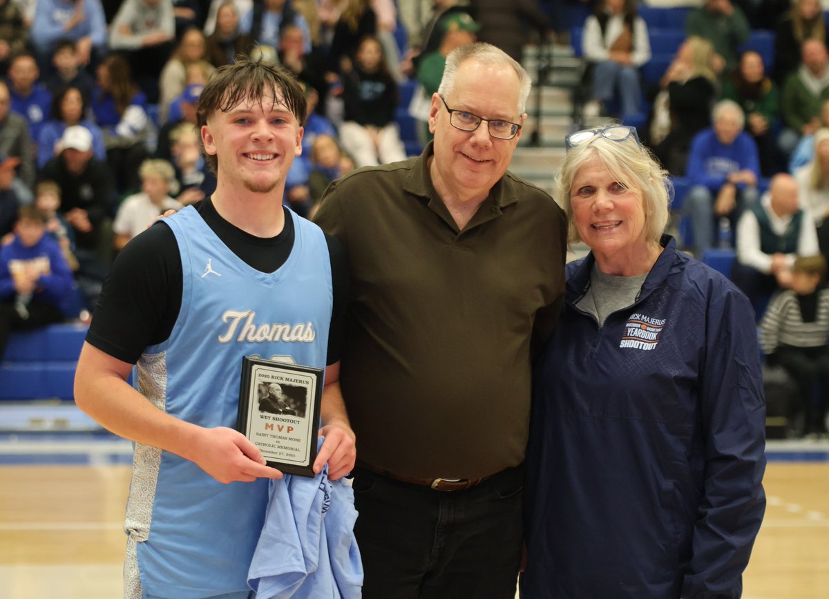 Congratulations to senior Brayden Alivo of St. Thomas More for earning the Rick Majerus MVP plaque following the Cavaliers' come-from-behind win over Catholic Memorial. Pictured is Brayden, myself and Jodi Majerus from the Majerus Family Foundation.