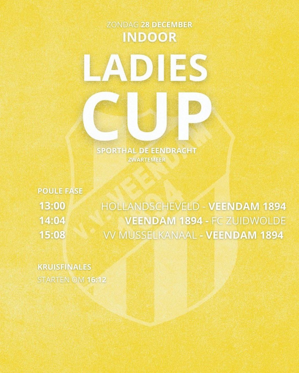 Zondag 28 December is het finale dag van de Ladies Cup in Zwartemeer.

Onze dames hebben zich geplaatst voor deze finale dag. De aftrap van de 1e wedstrijd is om 13:00 uur, en daar staan onze dames aan de aftrap tegen Hollandscheveld 1.

Zien we jullie in Zwartemeer?