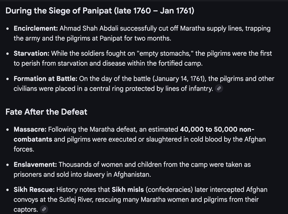 LastOfThePagan's tweet photo. This may be true.
But please do not conflate Guru's Sikhi & #Gurmat with what the Jutt dominated Khalsa did after the 10th Guru.
Reality is that when 200,000 Maratha Pilgrims were under siege near Panipat, the Sikhs did not show up to break the siege.
After the pilgrims were captured they raided Abdali's camps and rescue people.
And thats how they saved Hindus.