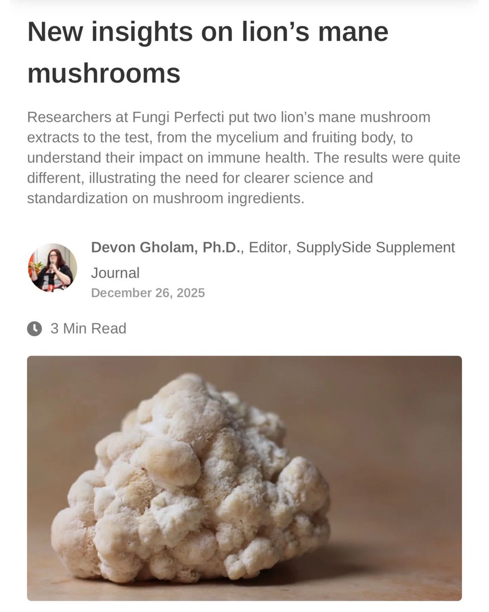 PaulStamets's tweet image. Lions Mane Mycelium out performs Lions Mane Fruitbody.

New research from @fungiperfecti and @HostDefense compared lion’s mane mycelium and fruiting body extracts, and the immune responses were notably different.

The mycelium extract supported a balanced, adaptable immune…