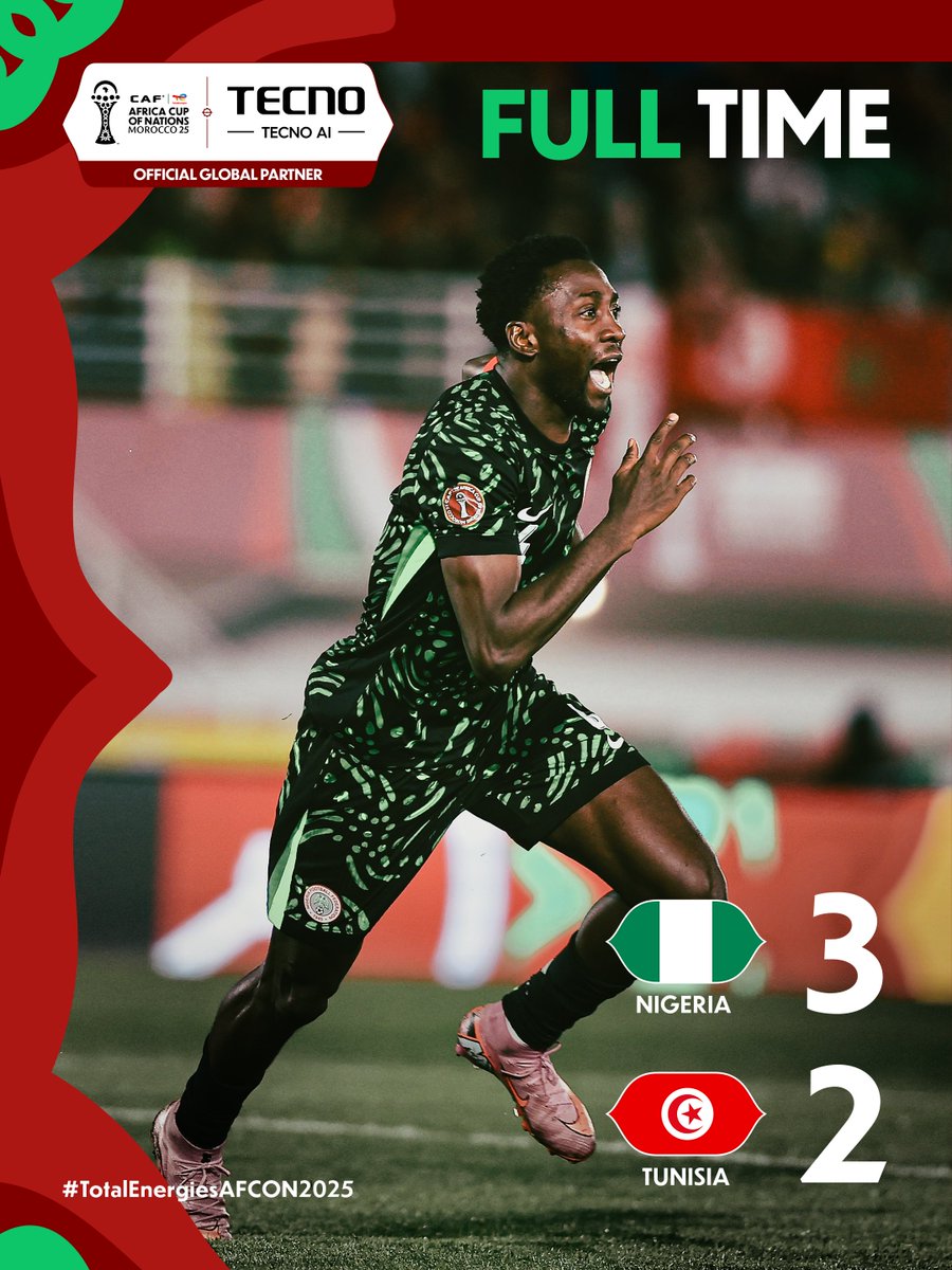 CAF_Online's tweet image. FULL-TIME! 🇳🇬🇹🇳

A 5-goal thriller ends with a crucial win for Nigeria! 

#TotalEnergiesAFCON2025 | @tecnomobile