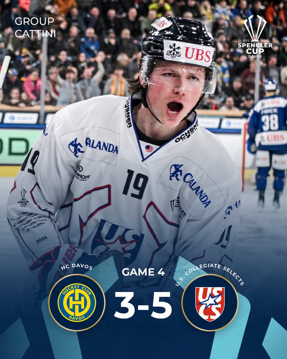 spenglercup's tweet image. 🔚 𝗙𝗜𝗡𝗔𝗟 𝗥𝗘𝗦𝗨𝗟𝗧!
@USCollegeSelect claim their first-ever win at the Spengler Cup, defeating the host HC Davos 5–3. What a crazy game! 🤯🏒 That’s it for today - see you on Day 3. 👋
#spenglercup #thepeakofhockey