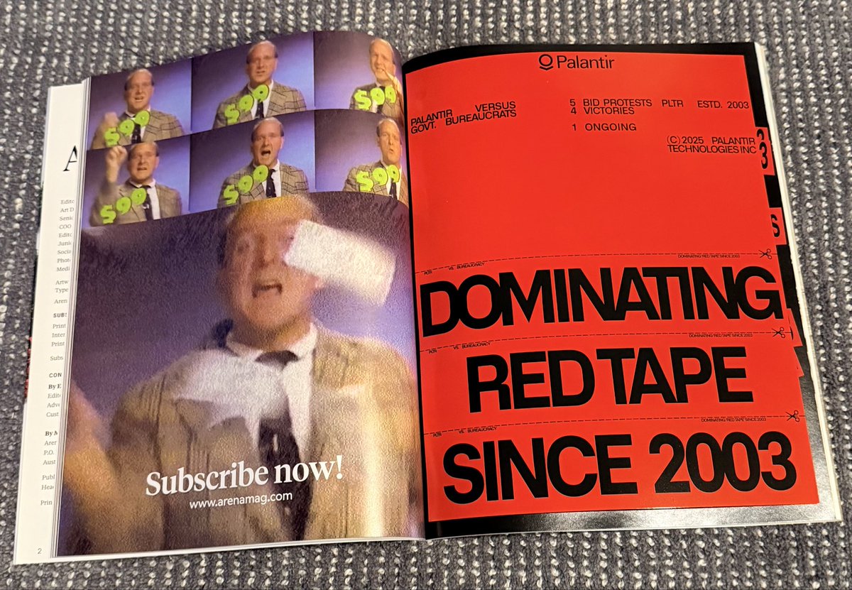 eliano's tweet image. Palantir poster inside the latest edition [006] of @arenamagdotcom 👀