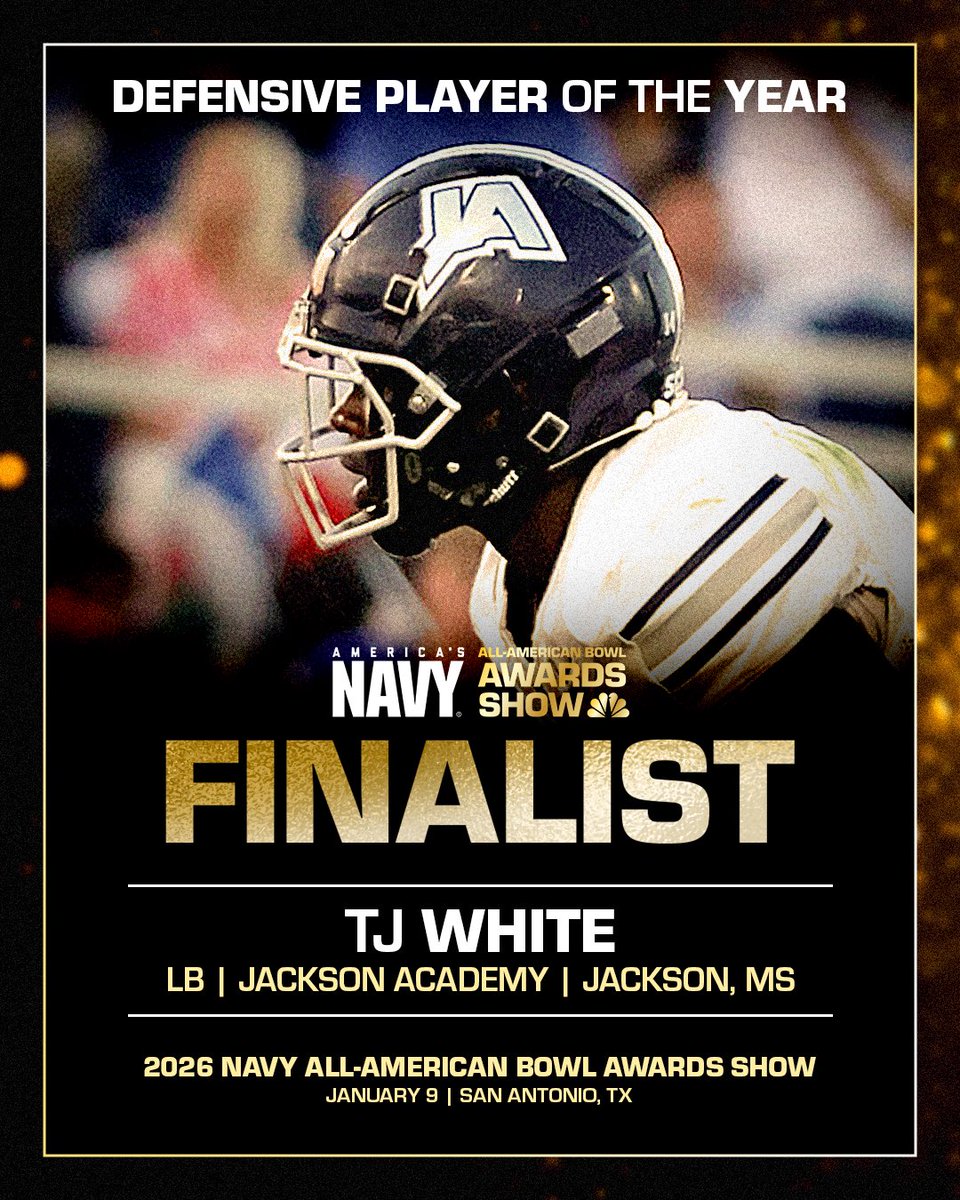 AABonNBC's tweet image. TJ White (@TjWhite1_) has been named a finalist for the Navy All-American Bowl Defensive Player of the Year Award.

Winner will be announced on 1.9.26

#GoVols 🍊 

#NavyAAB 🇺🇸 @AmericasNavy