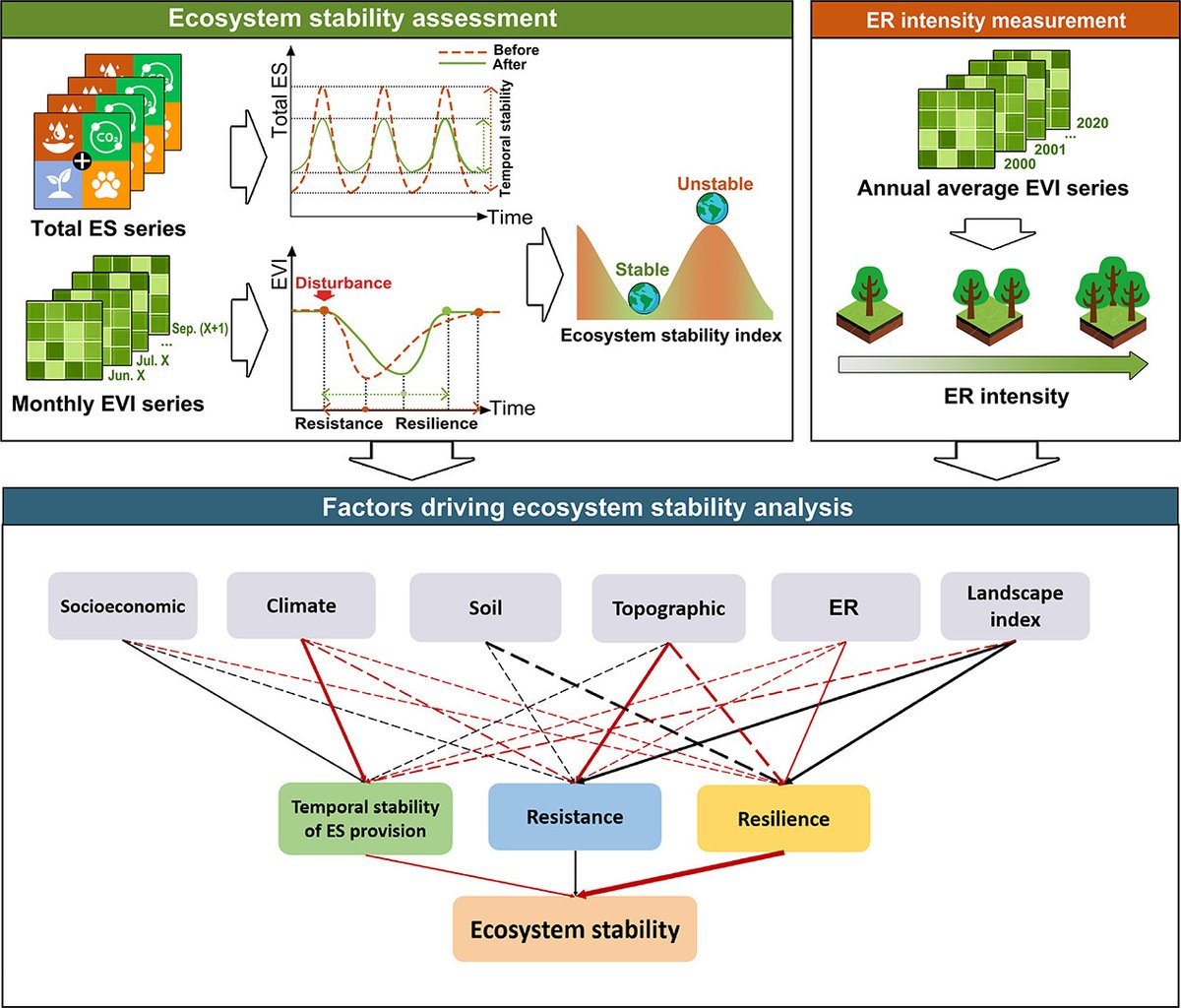 Ecological restoration boosts ecosystem stability mainly by improving resilience, not resistance.

Forests show highest stability; farmlands strongest resistance.

Fragmentation &amp; land-use intensification weaken stability.

doi.org/10.1016/j.geos…
#Resilience #Ecosystems #GeoSus