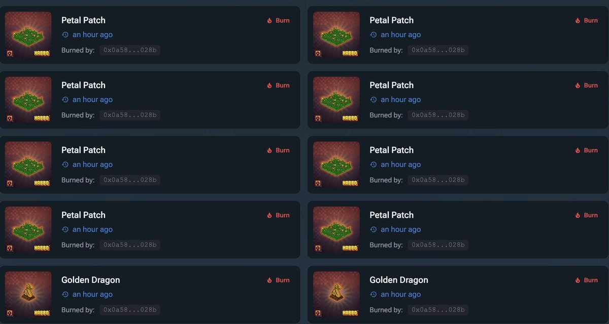 Tonight, a .FR player burned numerous furnis, including two golden dragons. He didn't know how to send the NFTs back to his Habbo wallet

Yes, this player could have (and should have) asked questions and sought information beforehand...

But honestly, why does <a href="/Habbo/">Habbo</a> leave such a