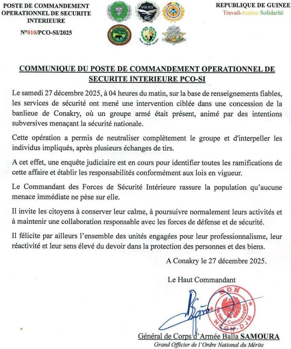 Africaguinee's tweet photo. 🚨🇬🇳Communiqué du Poste de Commandement Opérationnel de Sécurité Intérieure sur l'Intervention contre un groupe armé... A lire ⤵️ https://t.co/eyaKp0KSHF