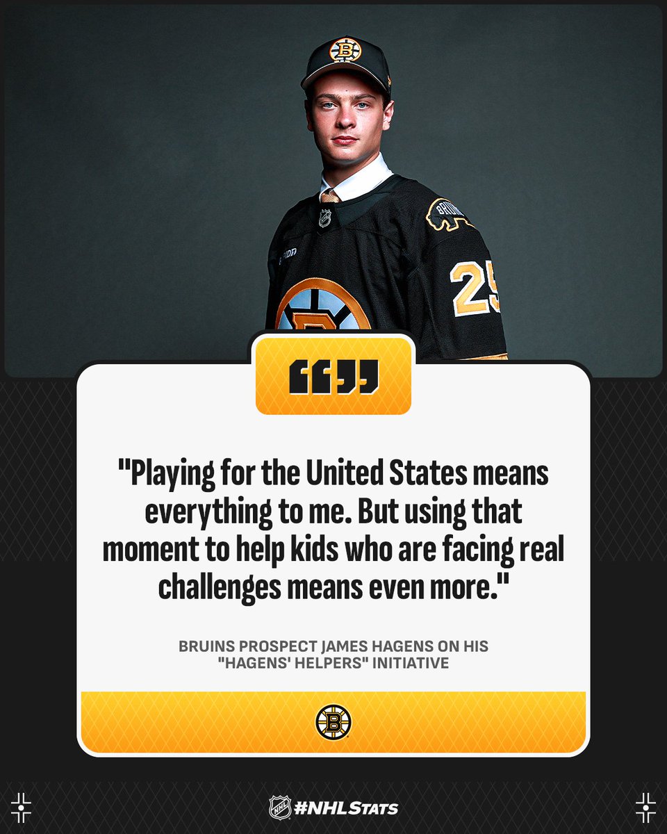 NHLPR's tweet image. James Hagens, the @NHLBruins’ seventh overall pick in 2025, launched "Hagens' Helpers," an initiative aimed to bring hope, health and support to individuals and families who need it most. For each U.S. win at the World Juniors, Hagens will make a donation to Feeding America,…