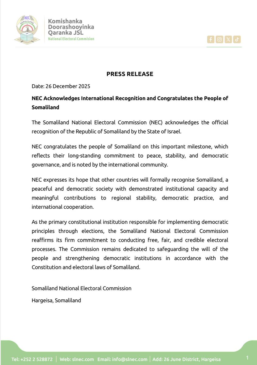 Somaliland National Electoral Commission (SLNEC) tweet media