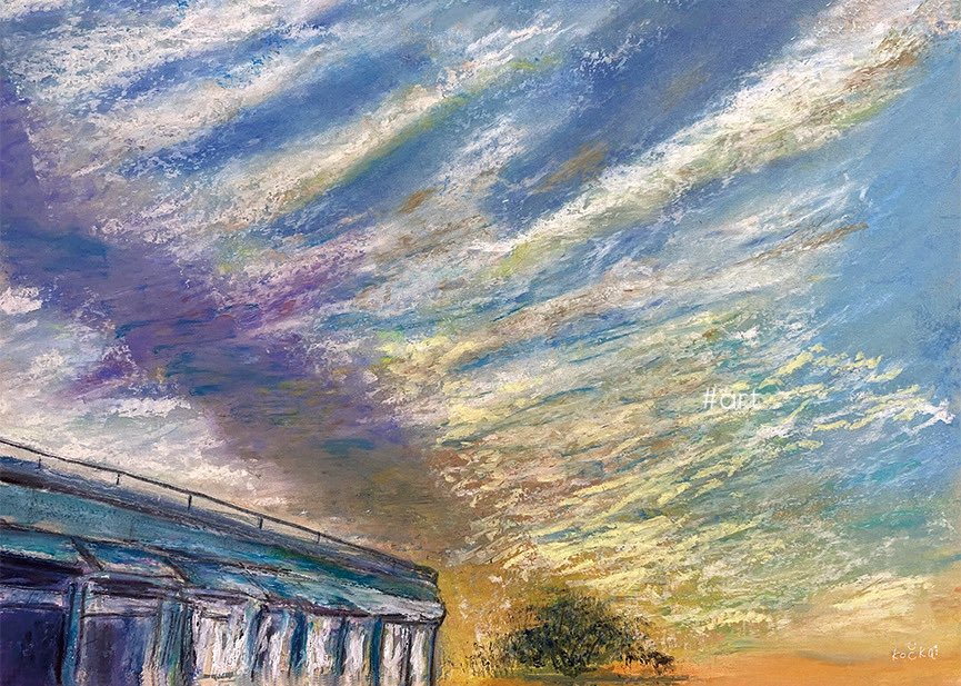 #MUNIARTGALLERY 

kočka(コチカ) ＠kocka_letssator さんの個展『空と平地』2022-2025 開催中

作品「ゆうやけこやけ」

この色と雲の強烈な印象。帰りに見上げた空があまりにきれいで立ち止まる。その瞬間のあの感覚が、ばっ‼️と自分にも押し寄せます

muniartgallery.com でお待ちしています☺️