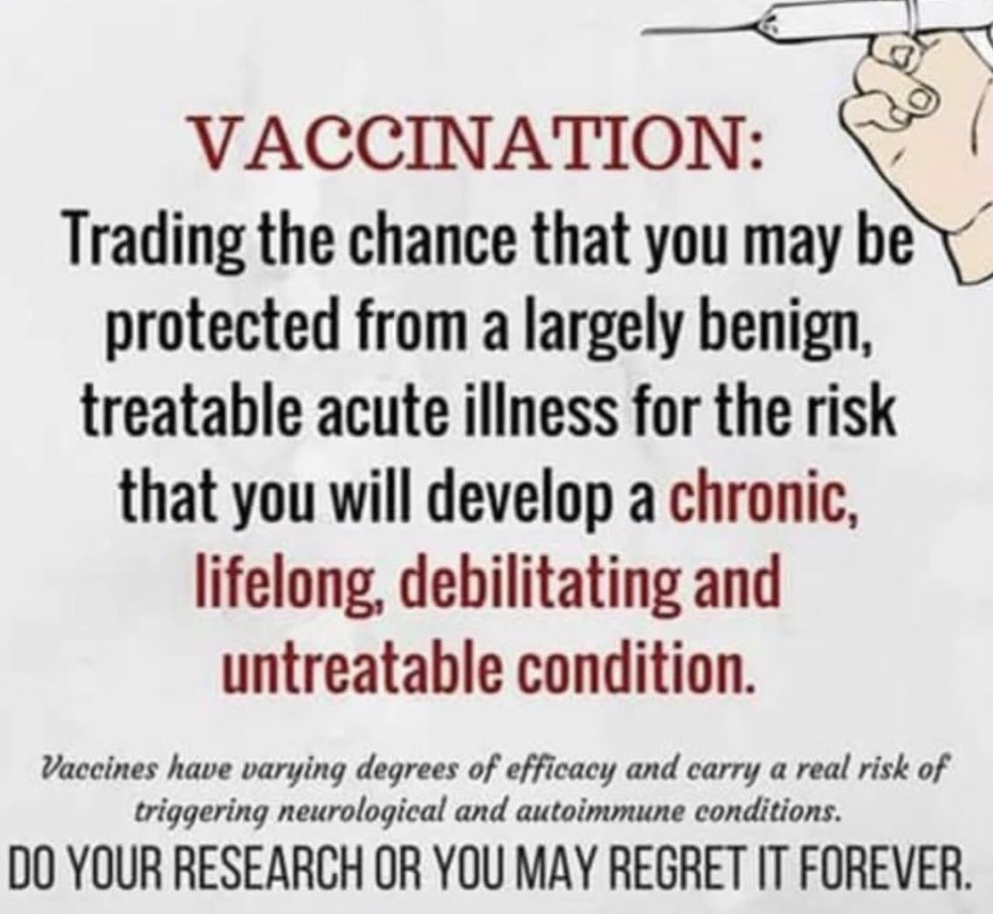toobaffled's tweet photo. Go Prepared to Your Pediatrician’s Office with This List That Shows You Have Done Your Homework
Symptoms of These Formerly Mild Childhood Diseases (Before the Marketing Propaganda to Sell Vaccines Began to Ramp Up)

Chicken Pox = itchy rash; 5-7 days; resolves itself

Diptheria = low fever, sore throat; many infections are asymptomatic or mild; treat with antitoxin and antibiotics

Haemophilus influenzae Type B (Hib) = flu symptoms, stiff neck; treat with antibiotics for 10 days
Hepatitis A = transmitted orally through feces; children usually have no symptoms; flu symptoms, jaundice; resolves itself

Hepatitis B = transmitted through blood, semen, vaginal fluids; flu symptoms, jaundice; most people do not show symptoms; acute Hep B resolves itself

Influenza – a.k.a. “the flu”; high fever, cold symptoms, vomiting; lasts 7-10 days; resolves itself; vaccine contains mercury (thimerosal)

Measles = fever, cold symptoms, rash; 7-10 days; resolves itself

Meningitis = flu symptoms, stiff neck; usually caused by bacteria or virus; viral usually causes no symptoms and resolves itself; bacterial is spread through saliva (kissing, coughing); most people who ‘carry’ the bacteria never become sick; bacterial is treated with antibiotics

Mumps = fever, swelling of salivary glands; many people show no symptoms; resolves itself within a few weeks

Pertussis = a.k.a. “whooping cough”; treated with high doses of vitamin C

Pneumococcus = flu symptoms, stiff neck; treat with antibiotics
Poliomyelitis = 72% of infections cause no symptoms; 25% flu-like symptoms that last 2-5 days; 0.5% leads to more severe symptoms such as paralytic polio; only people with the paralytic infection are considered to have the disease

Rotavirus = vomiting, diarrhea; children, even those that are vaccinated, may develop rotavirus disease more than once.

Rubella = a.k.a. “three day measles”; flu symptoms; 1-3 days; 25 to 50% of people infected with rubella will not experience any symptoms; resolves itself