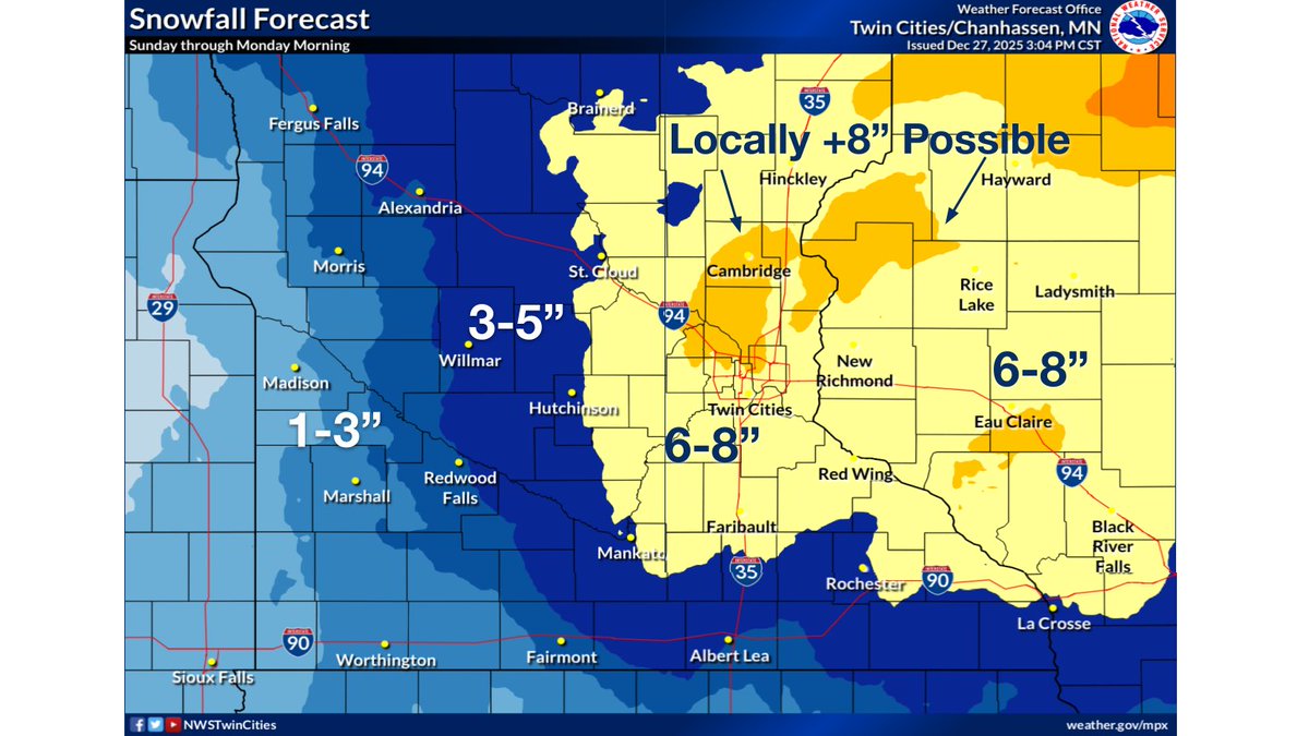 NWSTwinCities's tweet image. ⚠️BLIZZARD AND WINTER STORM WARNINGS FOR CENTRAL AND EASTERN MN, WESTERN WI⚠️
 Latest hourly forecast for your location: weather.gov/forecastpoints 
A rapidly developing winter storm will arrive late tonight into tomorrow morning, bringing hazardous conditions for those traveling.