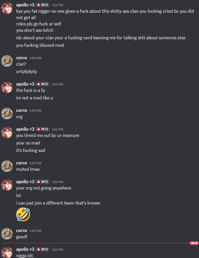 to any org owners dont let this 16yr old join your orgs. <a href="/corvxwtw/">corvx</a> server muted him and he got pressed after he was unmuted and he left. then he proceeds to send everything to corv via DMs. he called me a f*ggot and a b*tch via public VC. here is the ss of what he dm'ed Corv.