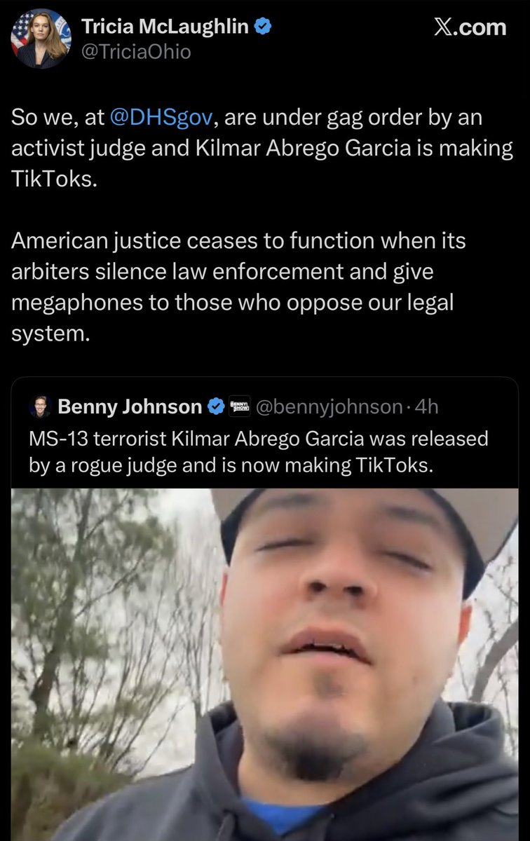 MeidasTouch's tweet image. By amplifying this post calling Kilmar Abrego Garcia a “terrorist,” the Trump administration just violated the court order that they reference.