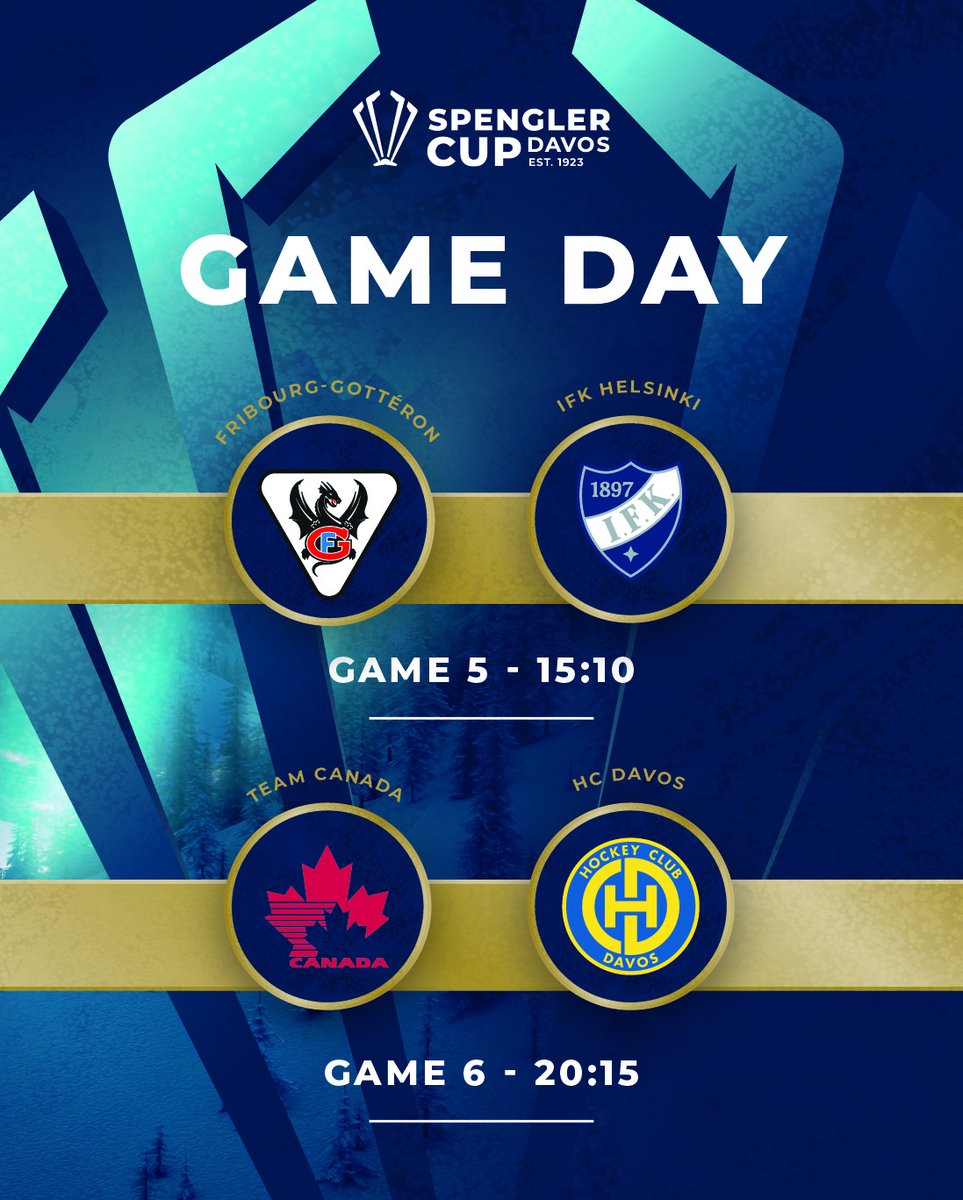 spenglercup's tweet image. 🏒 𝗚𝗔𝗠𝗘 𝗗𝗔𝗬
Day 3 is underway! @frgotteron and @ifk_helsinki open the day in the afternoon, before Team Canada takes on @hcd_official in the classic Spengler Cup showdown at night. Top-level hockey guaranteed! 🔥spenglercup.ch.#SpenglerCup #ThePeakOfHockey