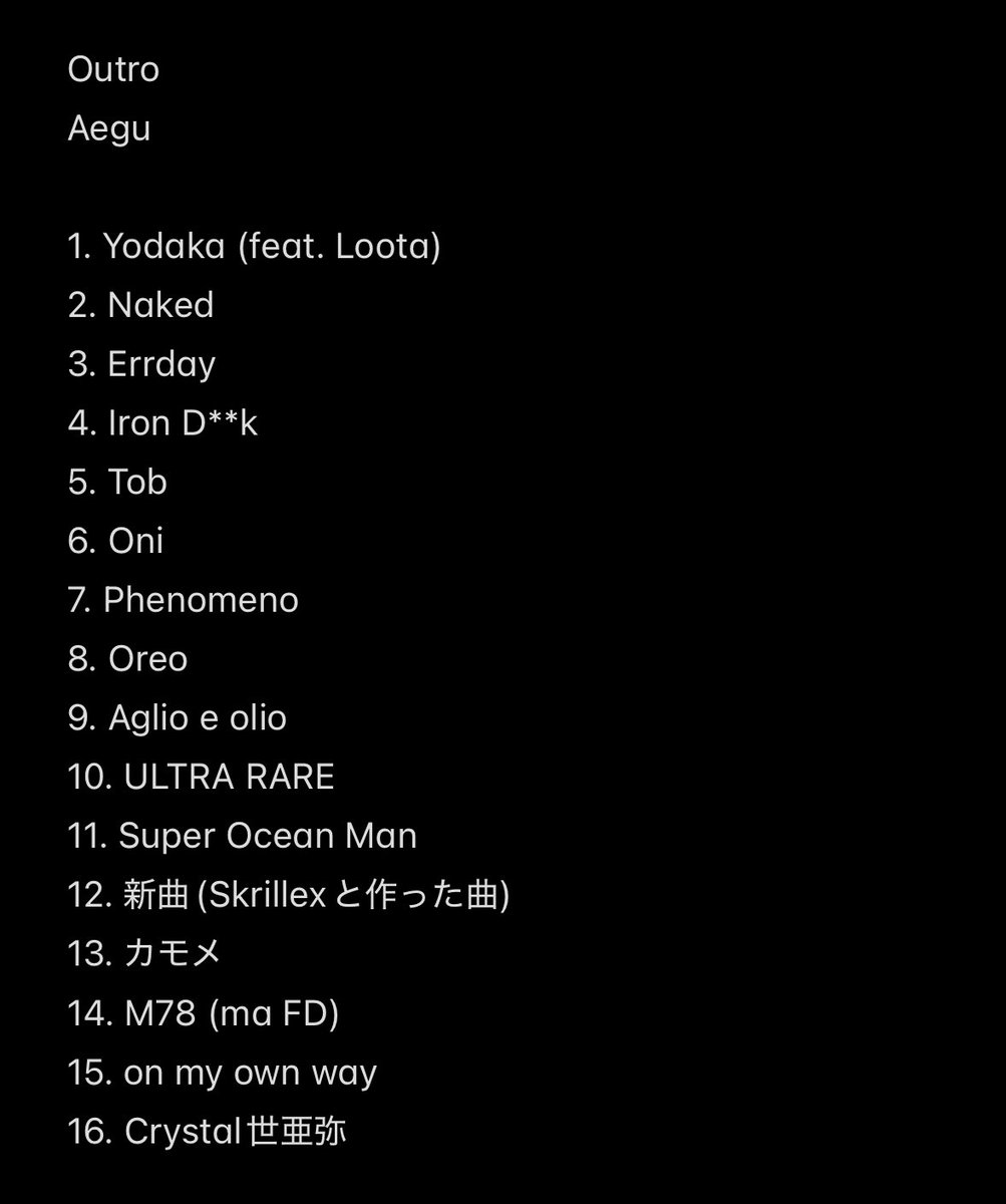 2025.12.27 渋谷Spotify O-EAST
kanekoayano pre『雑の分』
w) kanekoayano

Tohji セトリ

50分間のうち前半でKUUGAを全曲、Lootaも登場
深夜で、かつカネコアヤノとの対バンということもあったのかいつもより内省的な曲が多めのセットリスト