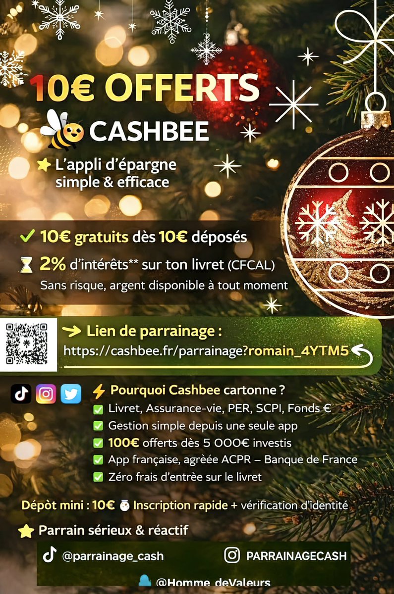 Homme_deValeurs's tweet photo. 🚨🎁 10€ offerts avec le Livret Cashbee ! 🏦Épargne simple, rapide et sécurisée + 2% d’intérêt sur ton cash💶
👉 https://t.co/pWSLUKrCcP ✅Dépôt initial 10€ → bonus immédiat
⚡Commence à épargner en 2 min, 100% en ligne!
#Cashbee #Banque #Parrainage #gold #Silver #BonPlan https://t.co/rkKWf5YGyV