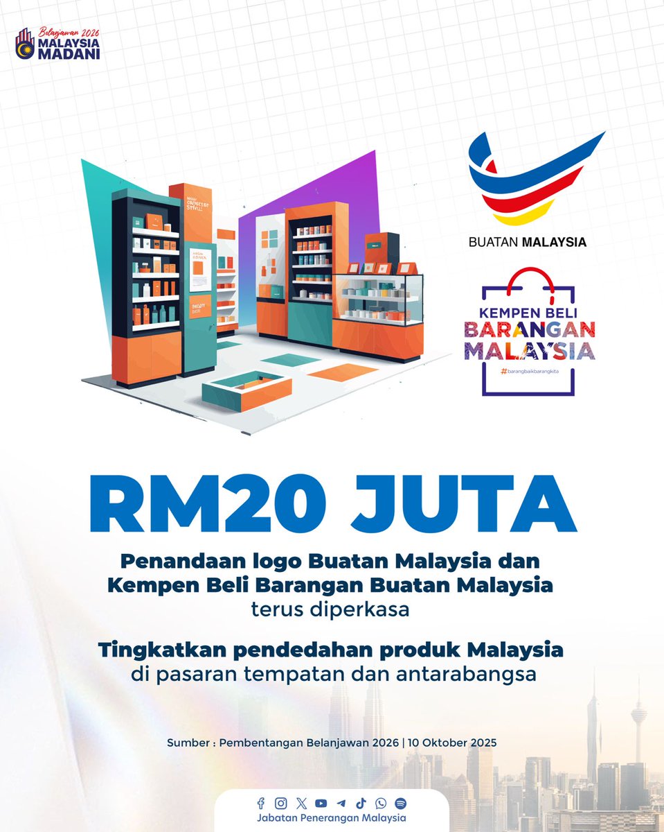 JPenerangan's tweet photo. 🇲🇾✨ Perkasakan produk tempatan!

💰 RM20 juta untuk logo &amp; kempen Beli Barangan Buatan Malaysia 🌏

Bantu tingkatkan pendedahan produk Malaysia di pasaran tempatan &amp; global.

#Belanjawan2026
#RancakkanMADANI
#MADANIBekerja
#TaatSetia
#JabatanPenerangan https://t.co/w0hvt5yCea