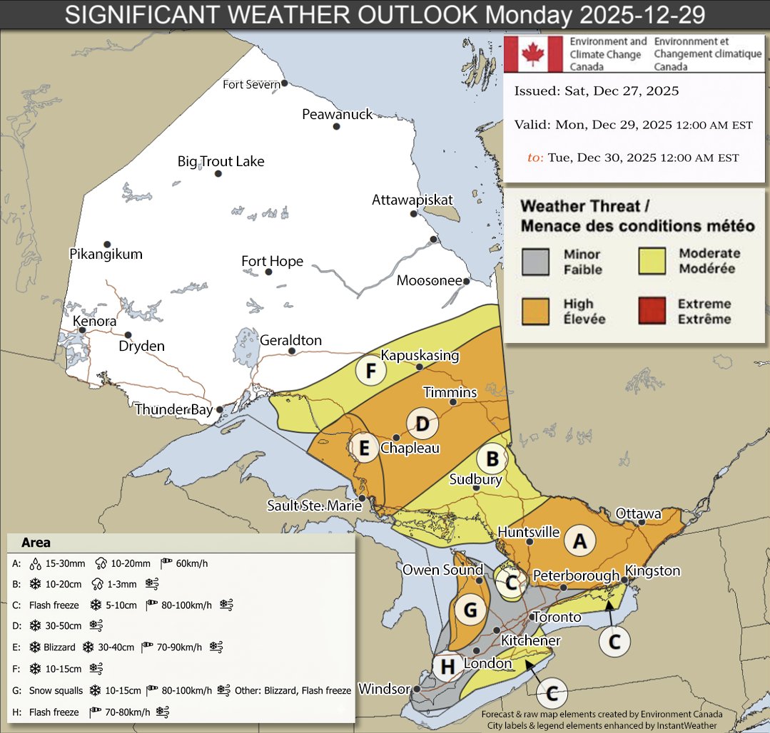IWeatherON's tweet photo. #onstorm⚠️ BREAKING: Major Winter Storm Expected for Ontario Beginning Sunday with Blizzard Conditions, Up to 50cm of Snow, 70-100km/h Winds, Flash Freezing, and 10-20mm of Freezing Rain

📅 Sun, Dec 28 - Mon, Dec 29, 2025
⤵️ VIEW THE FULL FORECAST:
https://t.co/zxg6I5jO0O

- Adam