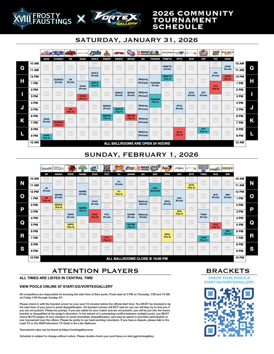 Sup y'all.

We got your Vortex Gallery Schedule here hot off the presses!
With 51 Community Tourneys spanning across 4 days, we definitely got what you need.

Register NOW at:
start.gg/vortexgallery

#VortexGallery #VGFFXVIII #FFXVIII2026