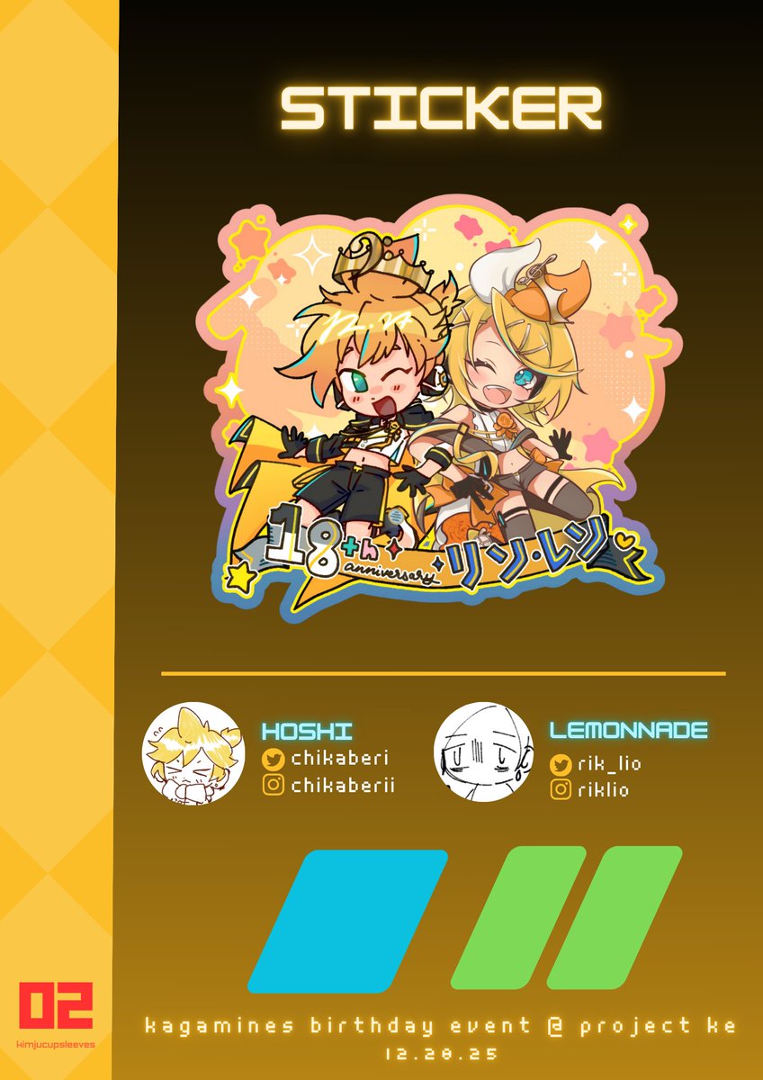 kimjucupsleeves's tweet photo. ♫₊˚. ✩｡ MERCHANDISE SPOTLIGHT ✩  

Special thanks to @chikaberi and @rik_lio for designing this fantastic Rin and Len sticker! 🍊🍌

Pick up this collaborative sticker at the Kagamine Rin and Len Birthday Event on 12/28 (NYC) while supplies last! https://t.co/EDeHRIQUTw