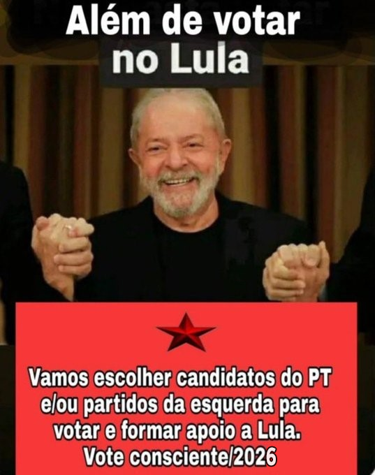 Voto consciente em 2026.
Vamos eleger <a href="/LulaOficial/">Lula</a> e um congresso de esquerda para mais realizações.
#PT #PartidodosTrabalhadores